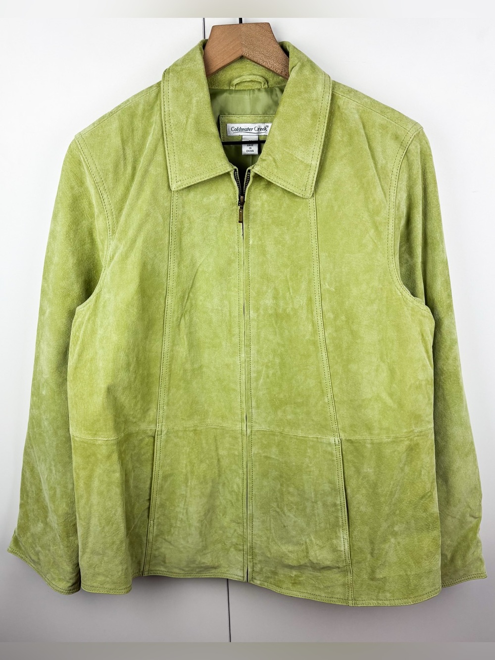 Coldwater Creek Vintage Suede Leather Jacket Lime Green Zip Front NEW Medium